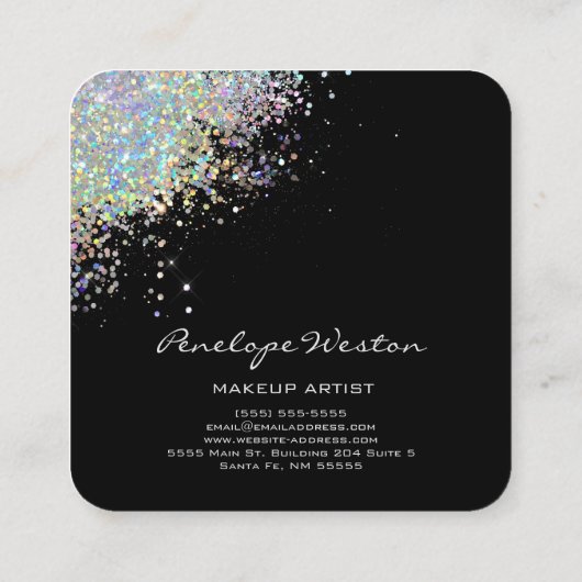 Elegant Black met Silver Glitter Splash Vierkante Visitekaartje (Achterkant)