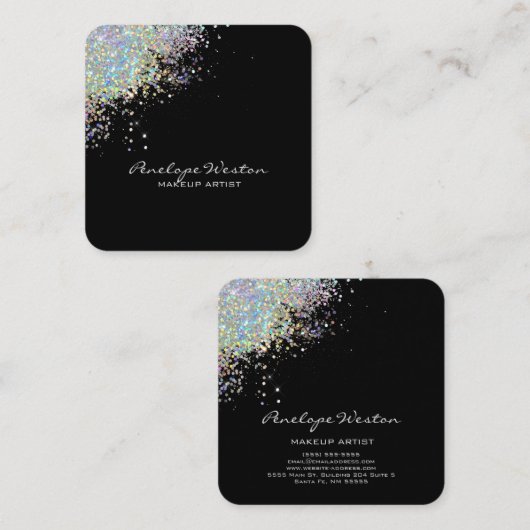 Elegant Black met Silver Glitter Splash Vierkante Visitekaartje (Voorkant / Achterkant)