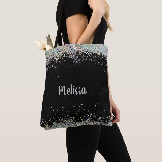 Elegant Black met zilver glitter-monogram Tote Bag (Dichtbij)