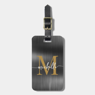 Elegant Black Metal Gold Monogram Initiaal Script Bagagelabel