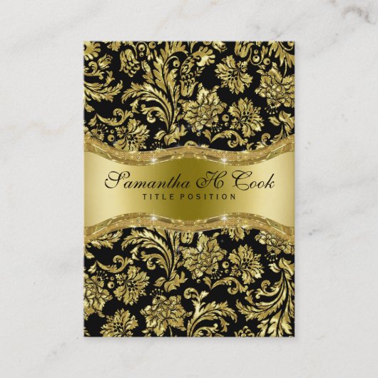 Elegant Black & Metallic Gold Floral Damaskers Visitekaartje (Voorkant)