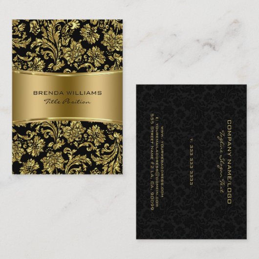 Elegant Black & Metallic Gold Floral Damaskers Visitekaartje (Voorkant / Achterkant)