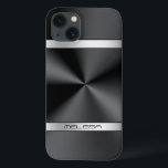 Elegant Black Metallic Print Silver Accent iPhone 13 Hoesje<br><div class="desc">Elegant glanzend zwart metallisch textuur afdrukken,  roestvrij staal kijken,  zilveren strepen accenten en aangepast monogram. Moderne slick en trendy design.</div>