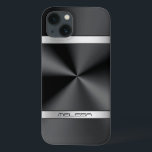 Elegant Black Metallic Print Silver Accent iPhone 13 Hoesje<br><div class="desc">Elegant glanzend zwart metallisch textuur afdrukken,  roestvrij staal kijken,  zilveren strepen accenten en aangepast monogram. Moderne slick en trendy design.</div>
