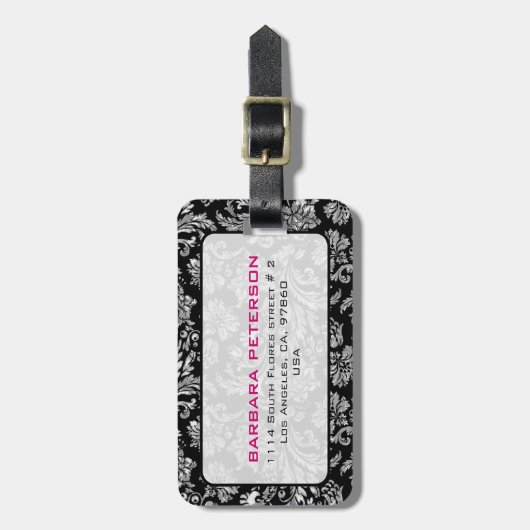 Elegant Black & Metallic Silver  Damaskers Bagagelabel (Voorkant verticaal)