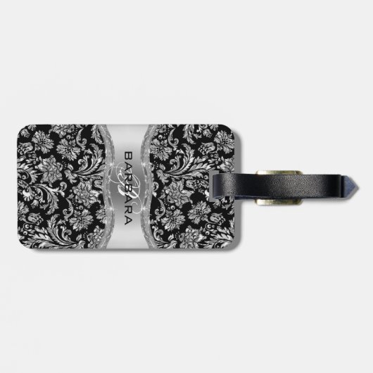 Elegant Black & Metallic Silver  Damaskers Bagagelabel (Achterkant horizontaal)