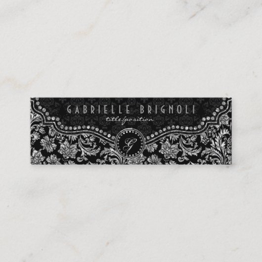 Elegant Black & Metallic Silver Damaskers Mini Visitekaartje (Voorkant)