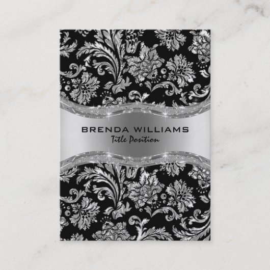 Elegant Black & Metallic Silver  Damaskers Visitekaartje (Voorkant)