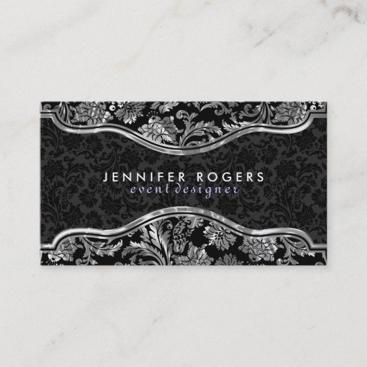Elegant Black & Metallic Silver  Damaskers Visitekaartje (Voorkant)
