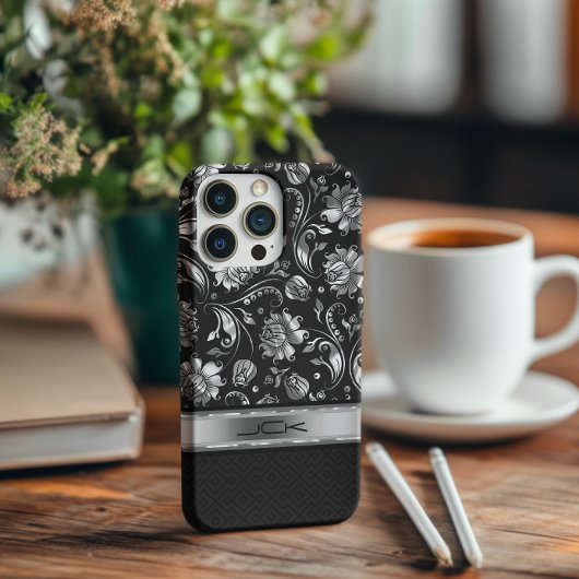 Elegant Black & Metallic Silver Floral Damaskers Case-Mate iPhone Case
