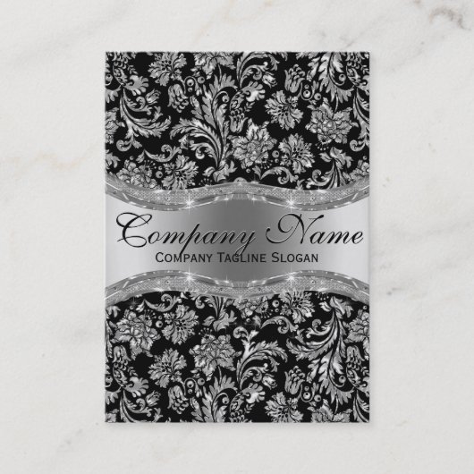 Elegant Black & Metallic Silver Floral Damaskers Visitekaartje (Voorkant)
