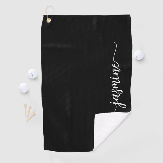 Elegant Black Minimal Girly Monogram Name Script Golfhanddoek (Insitu)