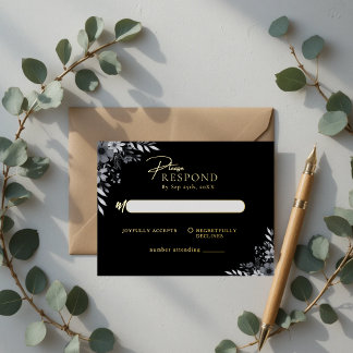 Elegant Black Minimalist Floral Wedding RSVP Folie Uitnodiging Briefkaart