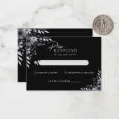 Elegant Black Minimalist Floral Wedding RSVP Notitiekaartje (Voorkant / Achterkant in situ)