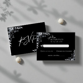 Elegant Black Minimalist Floral Wedding RSVP Notitiekaartje