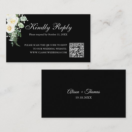 Elegant Black Minimalist Floral Wedding RSVP QR Informatiekaartje (Voorkant / Achterkant)