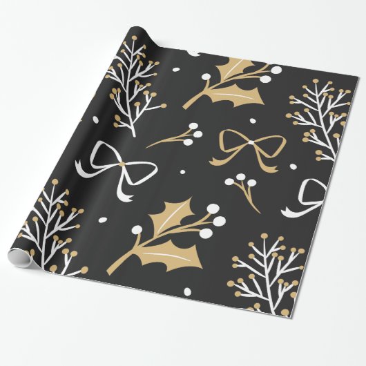 Elegant Black Mistletoe & Ribbon-kerstpatroon Cadeaupapier (Uitgerold)