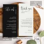 Elegant Black Modern Let's Eat Dankuwel menu<br><div class="desc">Bekijk dit elegante moderne menu met dank voor je bruiloft of feestelijke gebeurtenis! Deze menkkaart kenmerkt mooie kalligrafie en een schoon en eenvoudig blok maakt serif typografie doopvontmanuscript op een zwarte achtergrond. De eenvoud en het schone ontwerp van dit menu werken goed met alle trouwthema's en zeker een grote toevoeging...</div>