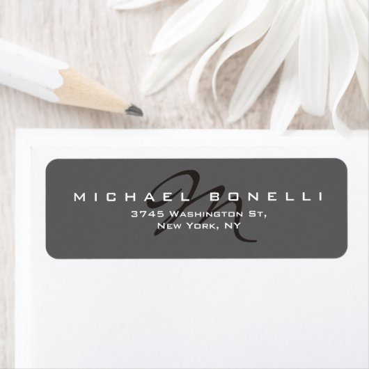 Elegant Black Monogram Grey Return Address Label (Insitu)