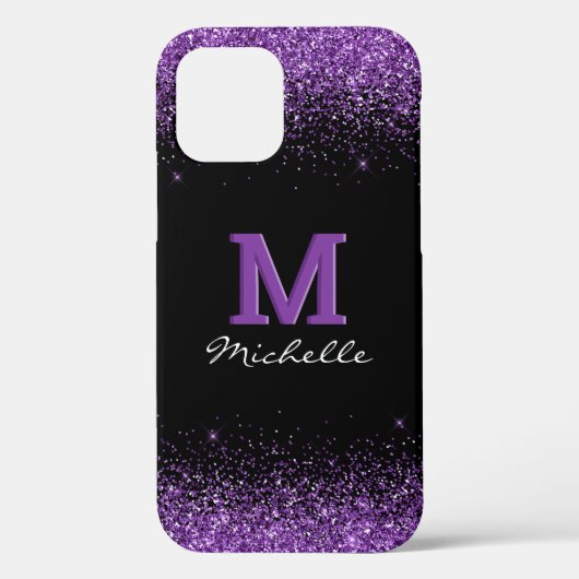 Elegant Black Monogram Paars Glitter Case-Mate iPhone Case (Achterkant)