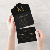 Elegant Black Monogram Wedding All In One Uitnodiging (Afscheurbaar)