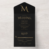 Elegant Black Monogram Wedding All In One Uitnodiging (Binnen)