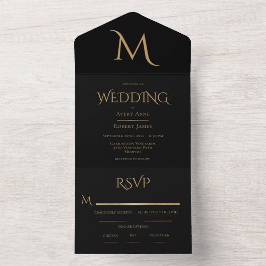 Elegant Black Monogram Wedding All In One Uitnodiging (Binnen)