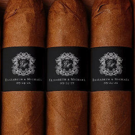 Elegant Black Monogram Wedding Crest Cigar Band Etiket
