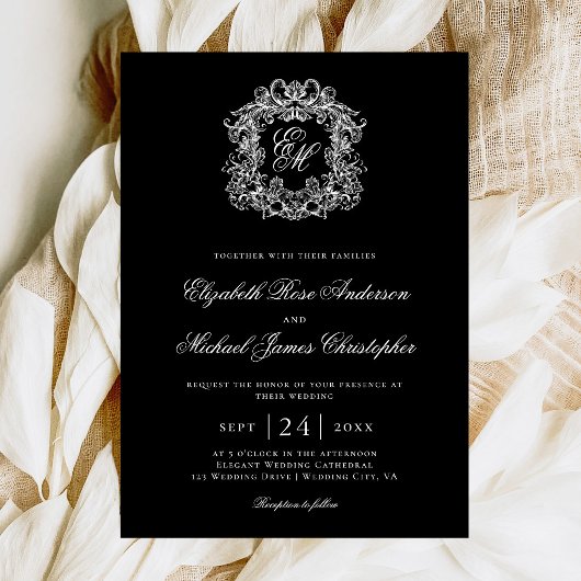 Elegant Black Monogram Wedding Crest Kaart