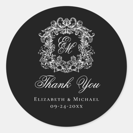 Elegant Black Monogram Wedding Crest Thank You Ronde Sticker (Voorkant)