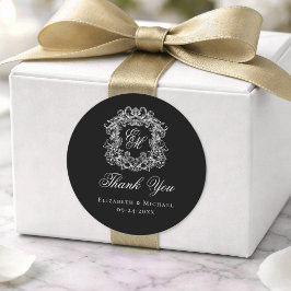 Elegant Black Monogram Wedding Crest Thank You Ronde Sticker