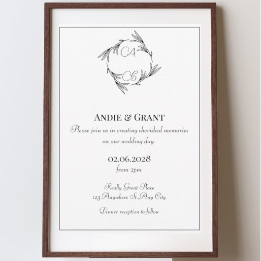 Elegant Black Monogram Wedding Uitnodiging