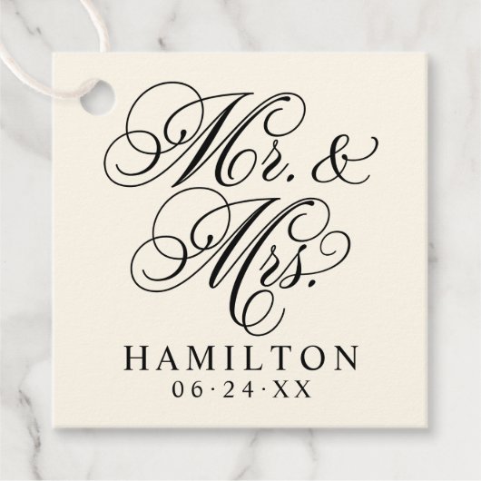 Elegant Black Mr en Mrs Script Custom Monogram Bedankjes Labels (Voorkant)