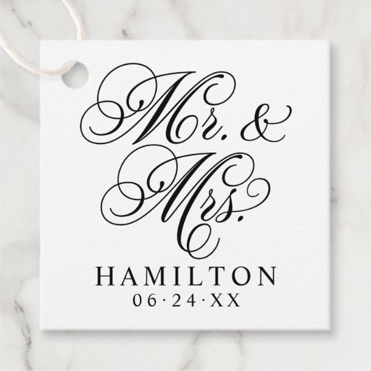 Elegant Black Mr en Mrs Script Custom Monogram Bedankjes Labels (Voorkant)