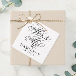 Elegant Black Mr en Mrs Script Custom Monogram Bedankjes Labels