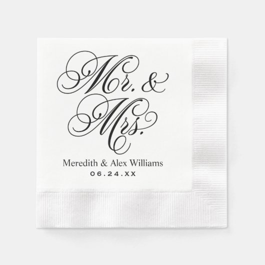 Elegant Black Mr en Mrs Script Custom Monogram Servetten (Voorkant)