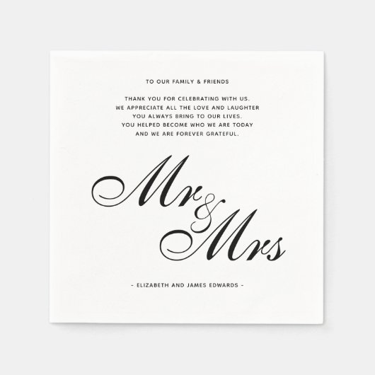 Elegant Black Mr en Mrs Wedding Dank u Bericht Servet (Voorkant)