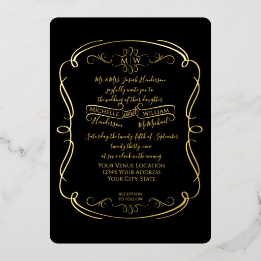 Elegant Black n Gold Foil  Scrolls Weddenschap Folie Uitnodiging (Voorkant)