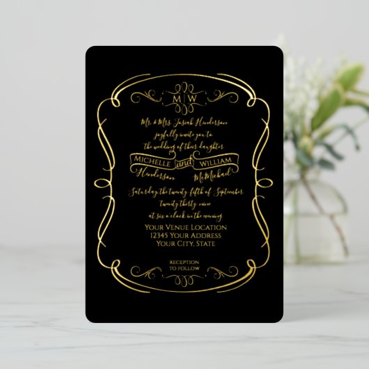 Elegant Black n Gold Foil  Scrolls Weddenschap Folie Uitnodiging (Staand Voorkant)