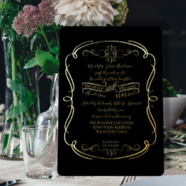 Elegant Black n Gold Foil Scrolls Weddenschap Folie Uitnodiging