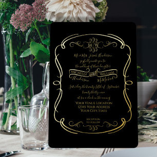 Elegant Black n Gold Foil Scrolls Weddenschap Folie Uitnodiging