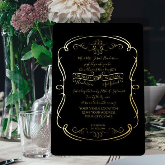 Elegant Black n Gold Foil  Scrolls Weddenschap Folie Uitnodiging