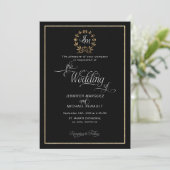 Elegant Black n Gold Wreath Monogram Foto Weddensc Kaart (Staand voorkant)