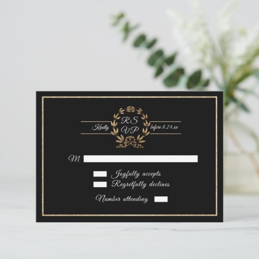 Elegant Black n Gold Wreatscript kalligrafie RSVP Kaartje (Staand voorkant)