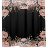 Elegant Black n Pink Waterverf Floral Roos Gold Douchegordijn (Voorkant)