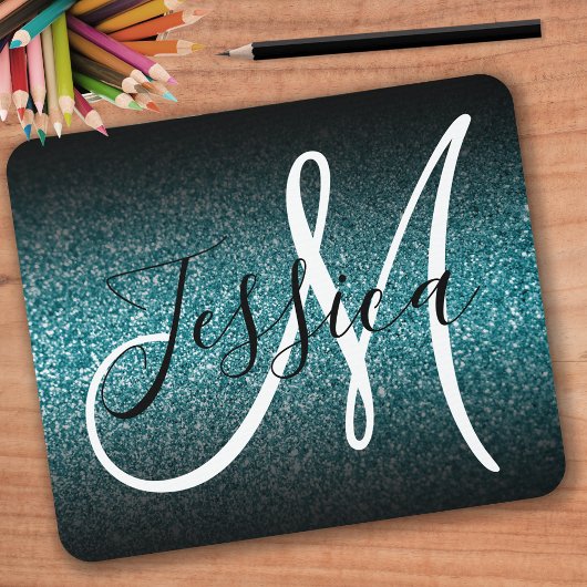 Elegant Black Ombre Blauwgroen Glitter Monogram Muismat