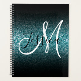 Elegant Black Ombre Blauwgroen Glitter Monogram Planner