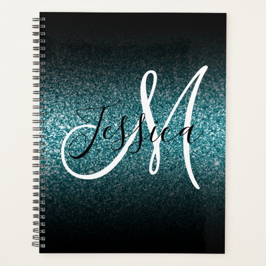Elegant Black Ombre Blauwgroen Glitter Monogram Planner (Voorkant)