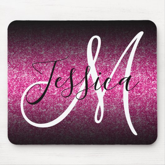 Elegant Black Ombre Hot Pink Glitter Monogram Muismat (Voorkant)