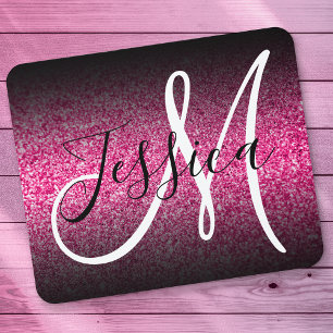Elegant Black Ombre Hot Pink Glitter Monogram Muismat